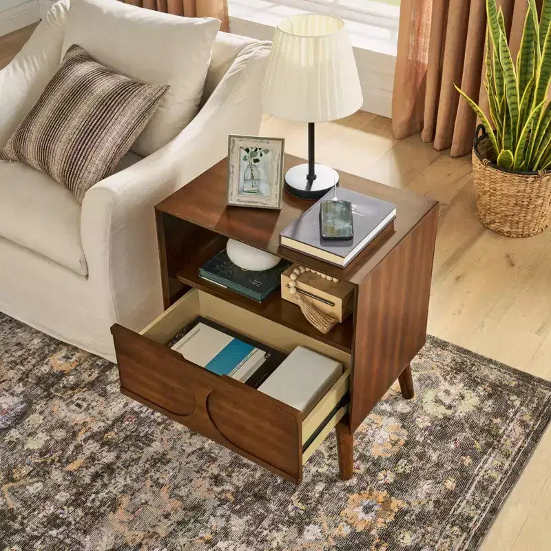 Table d'appoint de canapé cannelée moderne, Table d'appoint en bois avec tiroir et étagère ouverte, Table de chevet d'appoint pour chambre à coucher, Table de chevet de ferme pour salon