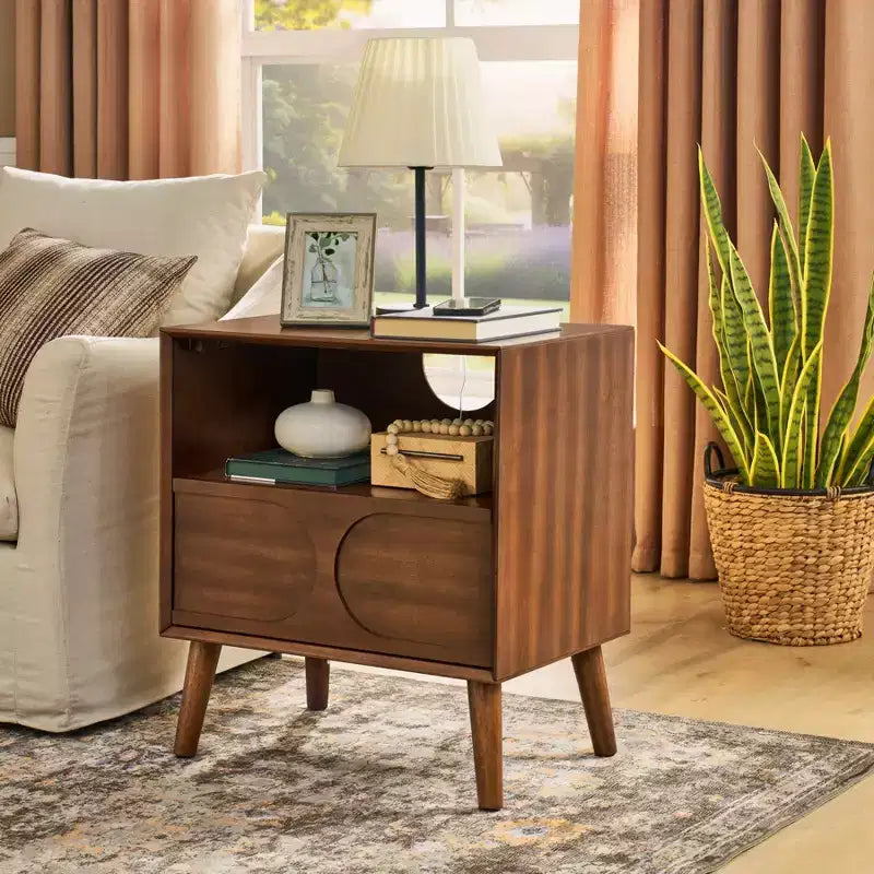 Table d'appoint de canapé cannelée moderne, Table d'appoint en bois avec tiroir et étagère ouverte, Table de chevet d'appoint pour chambre à coucher, Table de chevet de ferme pour salon