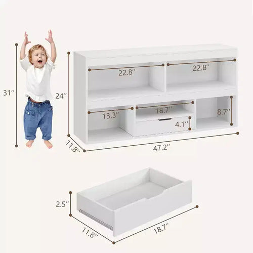 Étagère à Livres et Organisateur de Jouets à 2 Niveaux pour Enfants avec 5 Casiers et 1 Tiroir, Blanc pour Salle de Jeux/Chambre d'Enfants