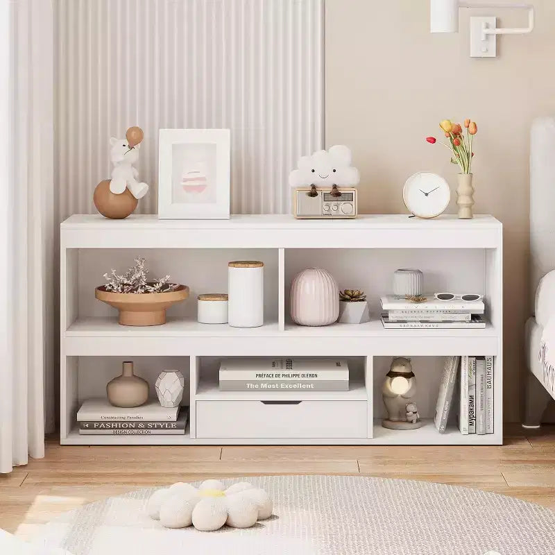 Étagère à Livres et Organisateur de Jouets à 2 Niveaux pour Enfants avec 5 Casiers et 1 Tiroir, Blanc pour Salle de Jeux/Chambre d'Enfants