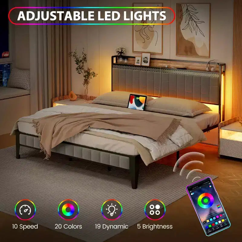 Cadre de lit avec tête de lit de rangement | Lumières LED et ports de charge | Pas besoin de sommier | Cadre métallique | Montage facile