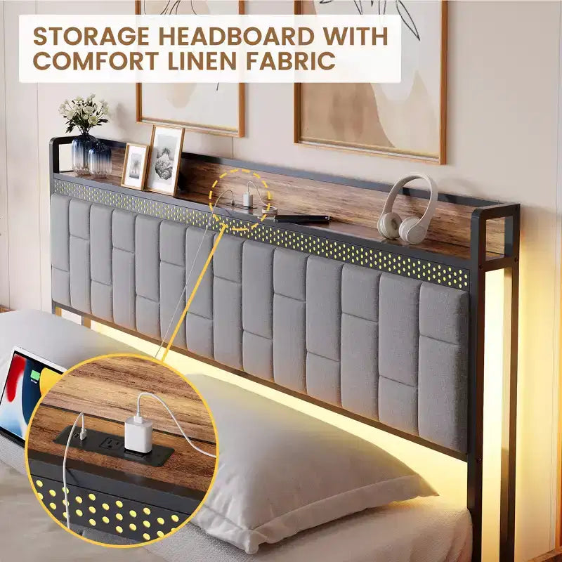 Cadre de lit avec tête de lit de rangement | Lumières LED et ports de charge | Pas besoin de sommier | Cadre métallique | Montage facile