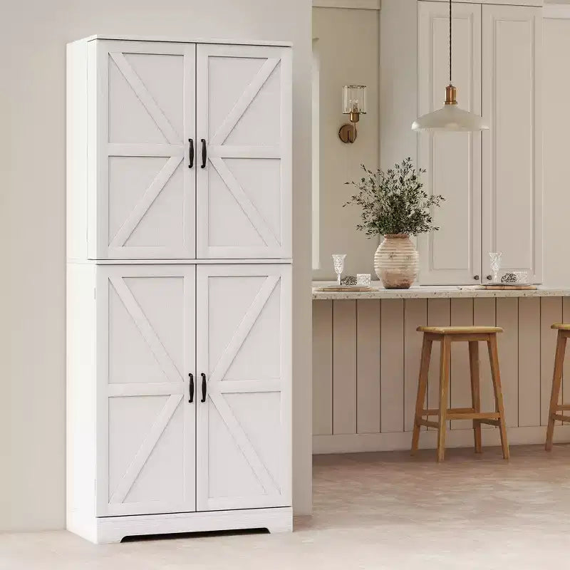 Meuble de cuisine de 72 po pour garde-manger de style ferme, grande armoire de rangement avec 4 portes de grange, 4 étagères réglables, 8 étagères de porte
