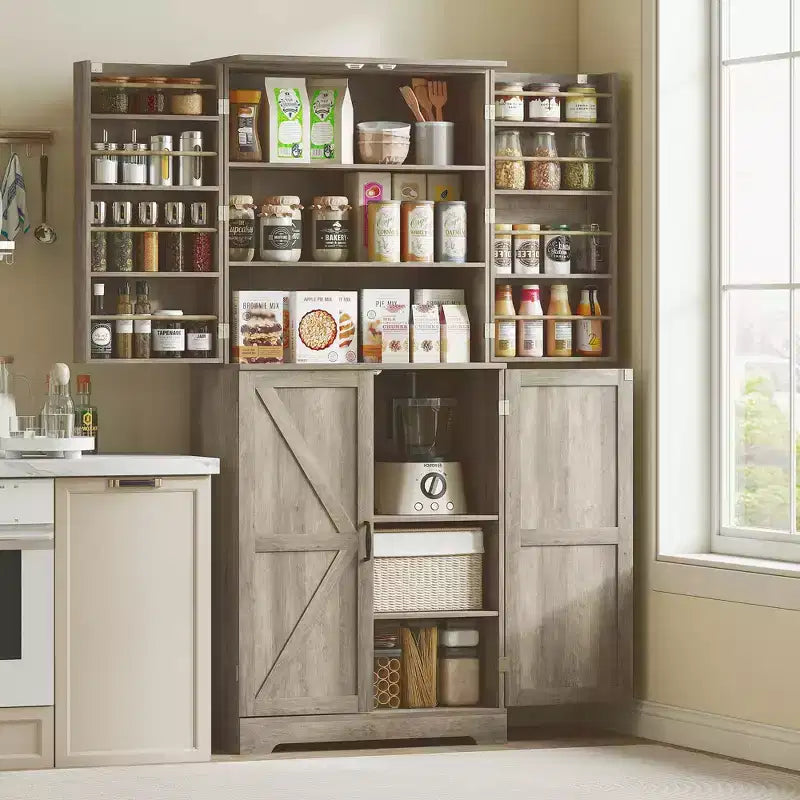 Meuble de cuisine de 72 po pour garde-manger de style ferme, grande armoire de rangement avec 4 portes de grange, 4 étagères réglables, 8 étagères de porte