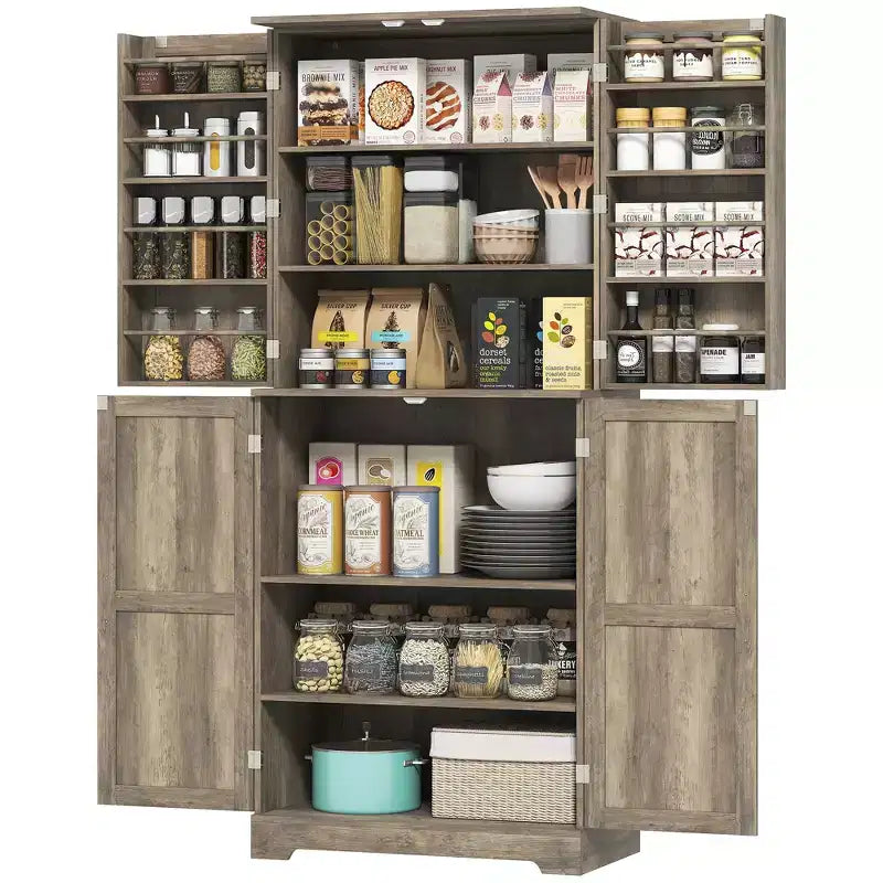Meuble de cuisine de 72 po pour garde-manger de style ferme, grande armoire de rangement avec 4 portes de grange, 4 étagères réglables, 8 étagères de porte