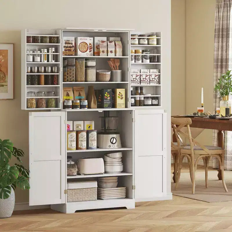 Meuble de cuisine de 72 po pour garde-manger de style ferme, grande armoire de rangement avec 4 portes de grange, 4 étagères réglables, 8 étagères de porte