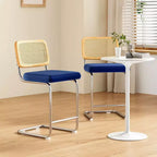 2 tabourets de bar hauteur comptoir, tabourets de bar rembourrés en velours avec dossier en rotin, tabourets de 61 cm, chaises de bar sans accoudoirs pour îlot de cuisine, bleu roi