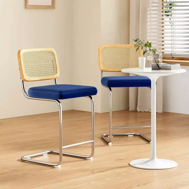 2 tabourets de bar hauteur comptoir, tabourets de bar rembourrés en velours avec dossier en rotin, tabourets de 61 cm, chaises de bar sans accoudoirs pour îlot de cuisine, bleu roi