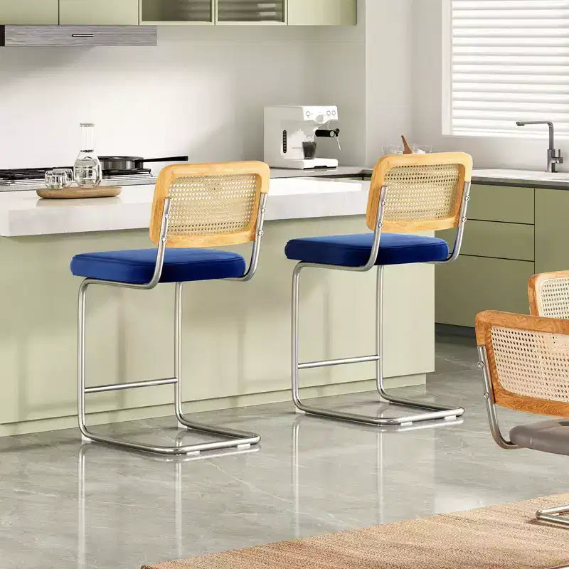 2 tabourets de bar hauteur comptoir, tabourets de bar rembourrés en velours avec dossier en rotin, tabourets de 61 cm, chaises de bar sans accoudoirs pour îlot de cuisine, bleu roi