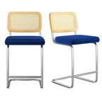 2 tabourets de bar hauteur comptoir, tabourets de bar rembourrés en velours avec dossier en rotin, tabourets de 61 cm, chaises de bar sans accoudoirs pour îlot de cuisine, bleu roi