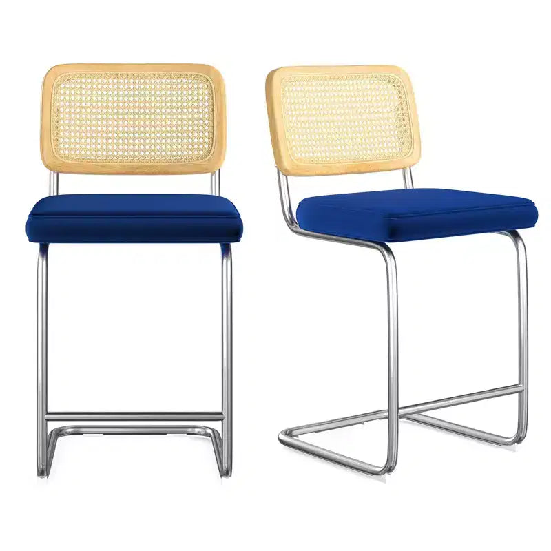 2 tabourets de bar hauteur comptoir, tabourets de bar rembourrés en velours avec dossier en rotin, tabourets de 61 cm, chaises de bar sans accoudoirs pour îlot de cuisine, bleu roi