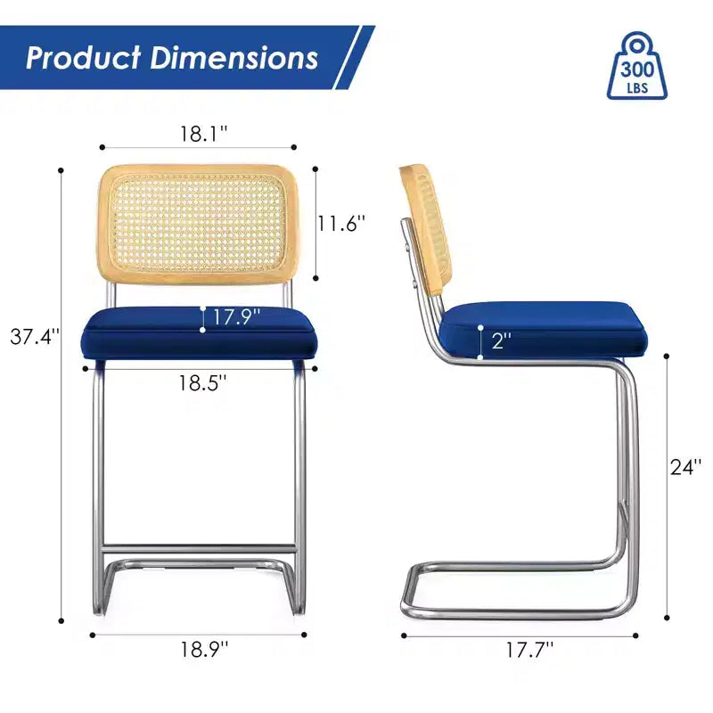2 tabourets de bar hauteur comptoir, tabourets de bar rembourrés en velours avec dossier en rotin, tabourets de 61 cm, chaises de bar sans accoudoirs pour îlot de cuisine, bleu roi