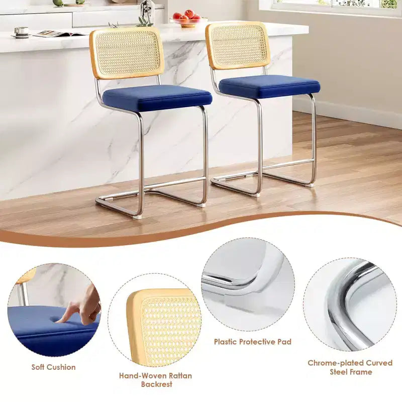 2 tabourets de bar hauteur comptoir, tabourets de bar rembourrés en velours avec dossier en rotin, tabourets de 61 cm, chaises de bar sans accoudoirs pour îlot de cuisine, bleu roi