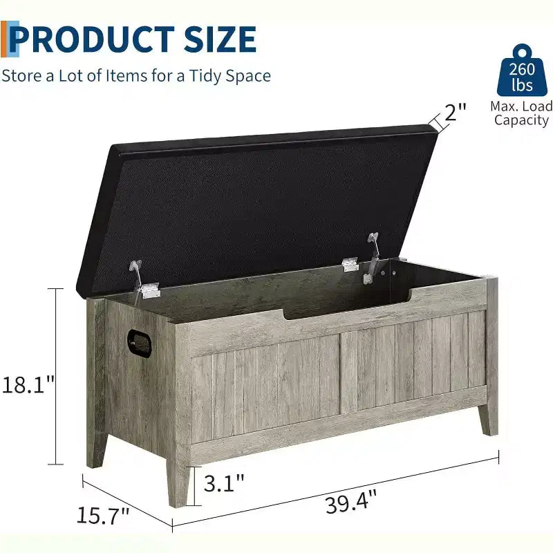 Banc de rangement de 100 cm avec siège rembourré, coffre de rangement en bois avec 2 charnières de sécurité pour entrée, salon, chambre à coucher, montage facile