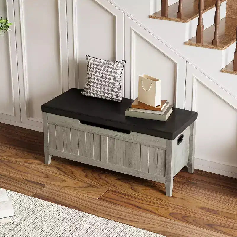Banc de rangement de 100 cm avec siège rembourré, coffre de rangement en bois avec 2 charnières de sécurité pour entrée, salon, chambre à coucher, montage facile