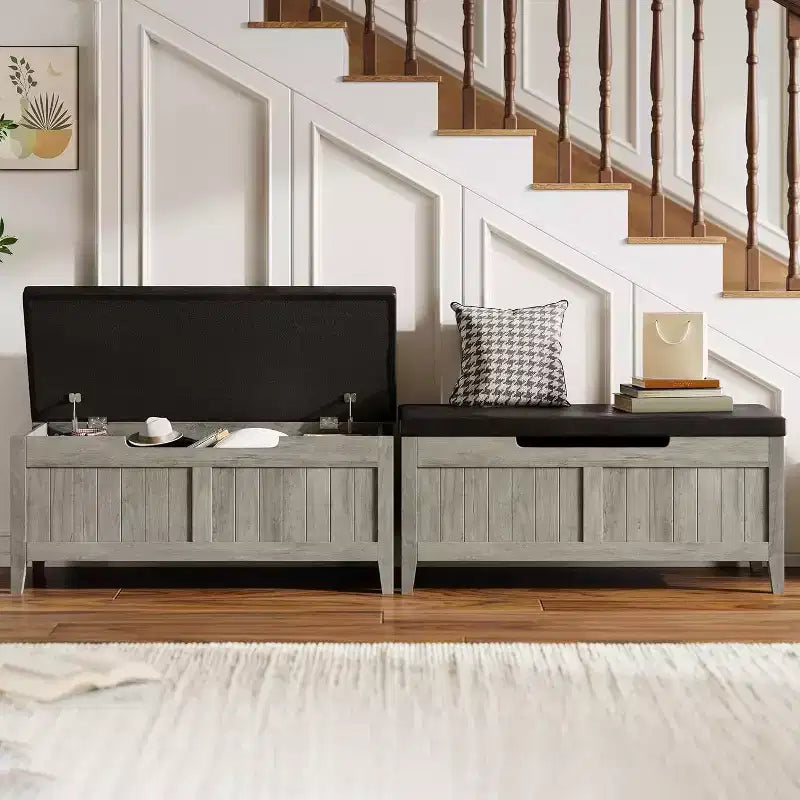 Banc de rangement de 100 cm avec siège rembourré, coffre de rangement en bois avec 2 charnières de sécurité pour entrée, salon, chambre à coucher, montage facile