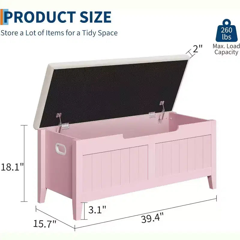 Banc de rangement de 100 cm avec siège rembourré, coffre de rangement en bois avec 2 charnières de sécurité pour entrée, salon, chambre à coucher, montage facile