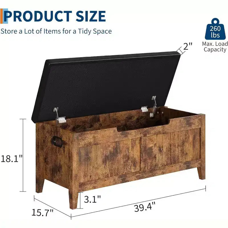 Banc de rangement de 100 cm avec siège rembourré, coffre de rangement en bois avec 2 charnières de sécurité pour entrée, salon, chambre à coucher, montage facile