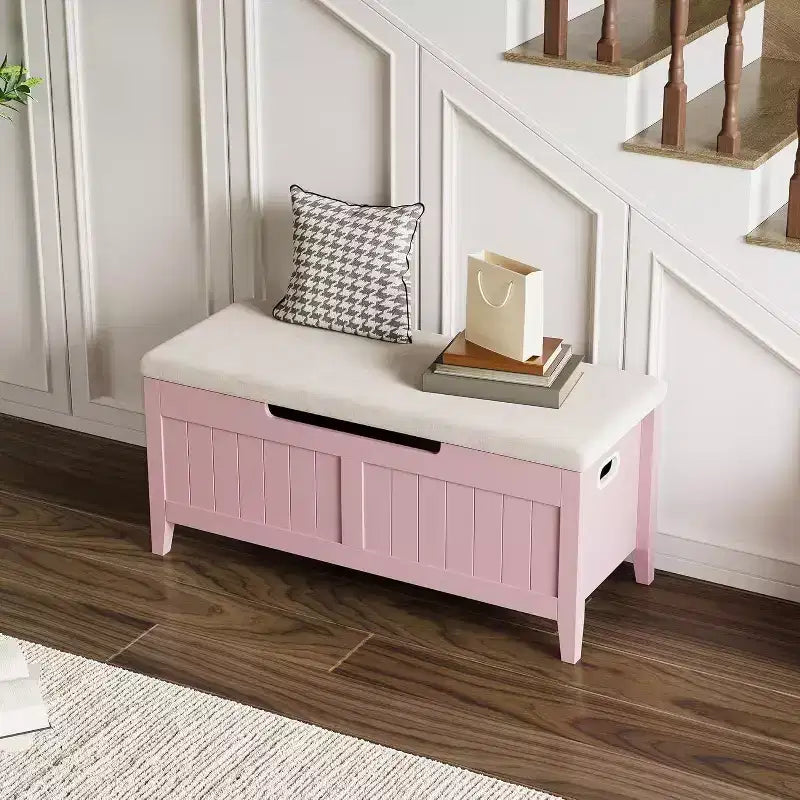 Banc de rangement de 100 cm avec siège rembourré, coffre de rangement en bois avec 2 charnières de sécurité pour entrée, salon, chambre à coucher, montage facile