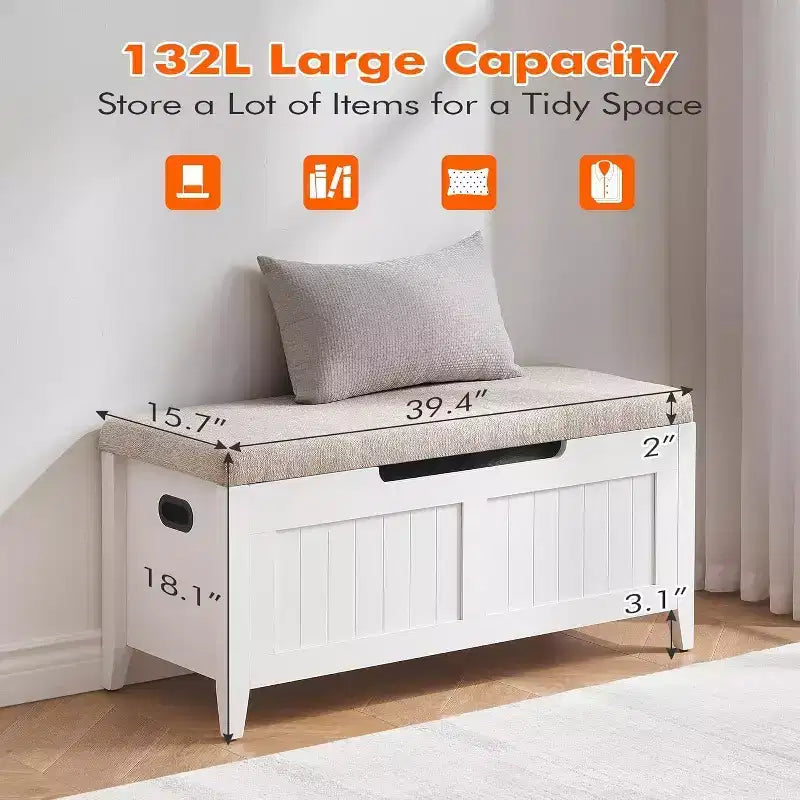 Banc de rangement de 100 cm avec siège rembourré, coffre de rangement en bois avec 2 charnières de sécurité pour entrée, salon, chambre à coucher, montage facile