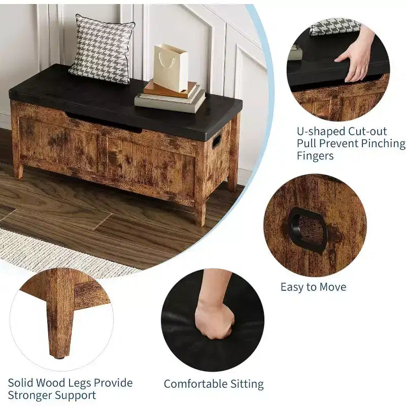 Banc de rangement de 100 cm avec siège rembourré, coffre de rangement en bois avec 2 charnières de sécurité pour entrée, salon, chambre à coucher, montage facile