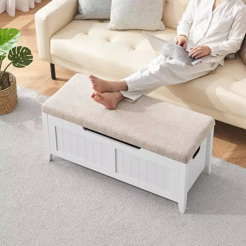 Banc de rangement de 100 cm avec siège rembourré, coffre de rangement en bois avec 2 charnières de sécurité pour entrée, salon, chambre à coucher, montage facile