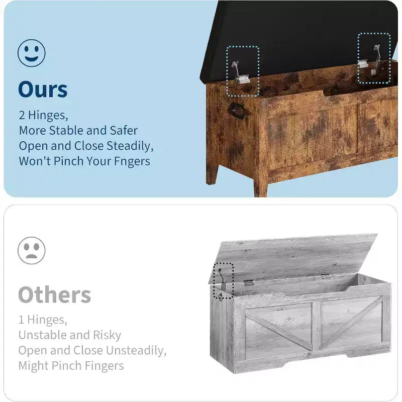 Banc de rangement de 100 cm avec siège rembourré, coffre de rangement en bois avec 2 charnières de sécurité pour entrée, salon, chambre à coucher, montage facile