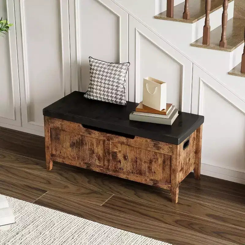 Banc de rangement de 100 cm avec siège rembourré, coffre de rangement en bois avec 2 charnières de sécurité pour entrée, salon, chambre à coucher, montage facile
