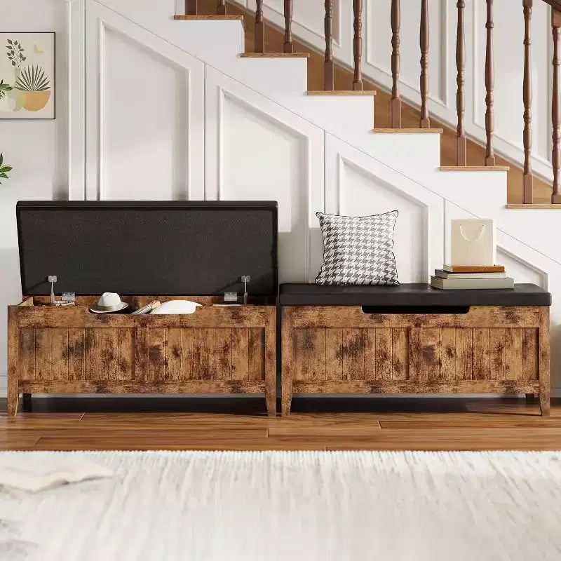 Banc de rangement de 100 cm avec siège rembourré, coffre de rangement en bois avec 2 charnières de sécurité pour entrée, salon, chambre à coucher, montage facile