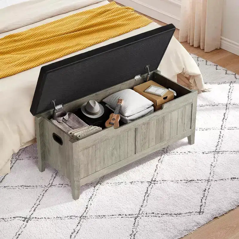 Banc de rangement de 100 cm avec siège rembourré, coffre de rangement en bois avec 2 charnières de sécurité pour entrée, salon, chambre à coucher, montage facile