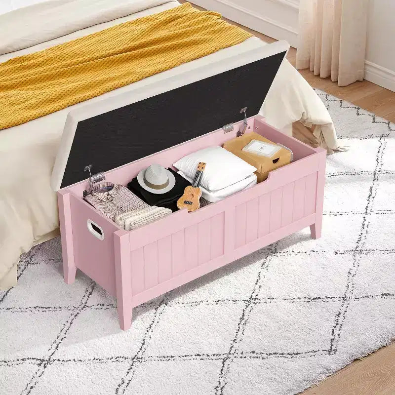 Banc de rangement de 100 cm avec siège rembourré, coffre de rangement en bois avec 2 charnières de sécurité pour entrée, salon, chambre à coucher, montage facile