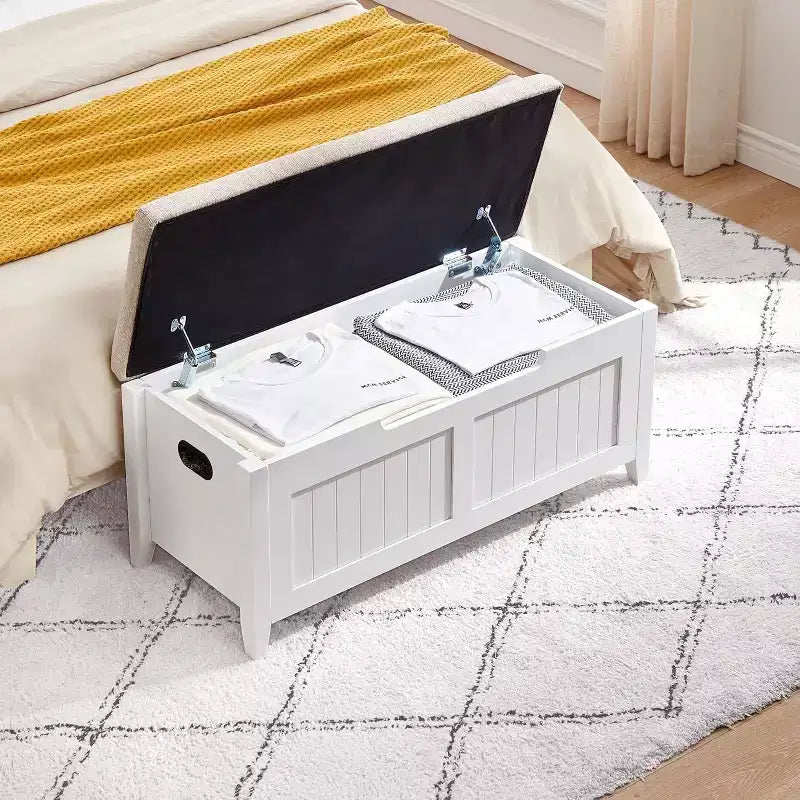 Banc de rangement de 100 cm avec siège rembourré, coffre de rangement en bois avec 2 charnières de sécurité pour entrée, salon, chambre à coucher, montage facile