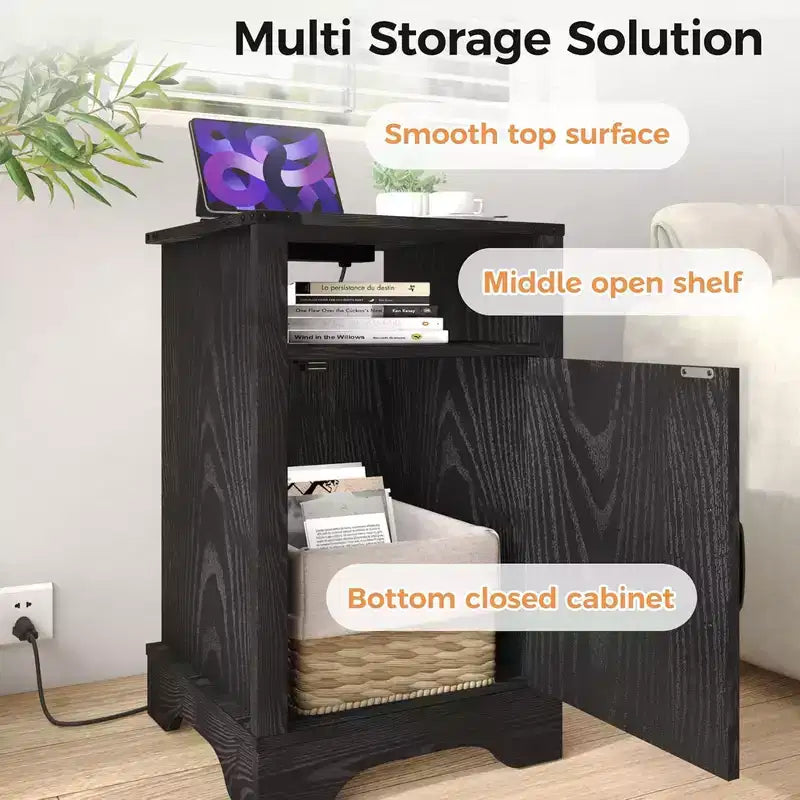 Table de chevet de ferme avec station de recharge, table d'appoint rustique avec étagère et rangement pour chambre ou bureau (2 tables de chevet), noir