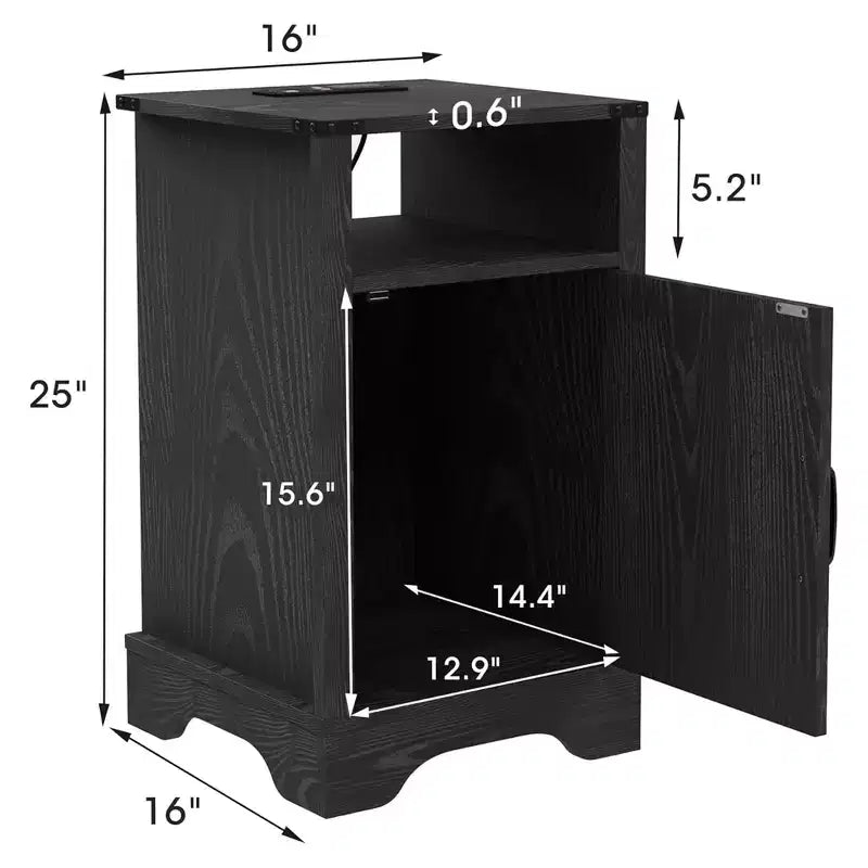 Table de chevet de ferme avec station de recharge, table d'appoint rustique avec étagère et rangement pour chambre ou bureau (2 tables de chevet), noir