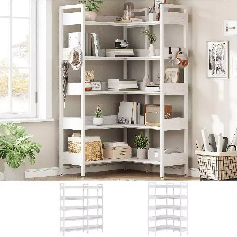 Étagère d'angle à 5 niveaux avec crochets, bibliothèque en bois avec étagères ouvertes et cadre métallique pour le bureau à domicile