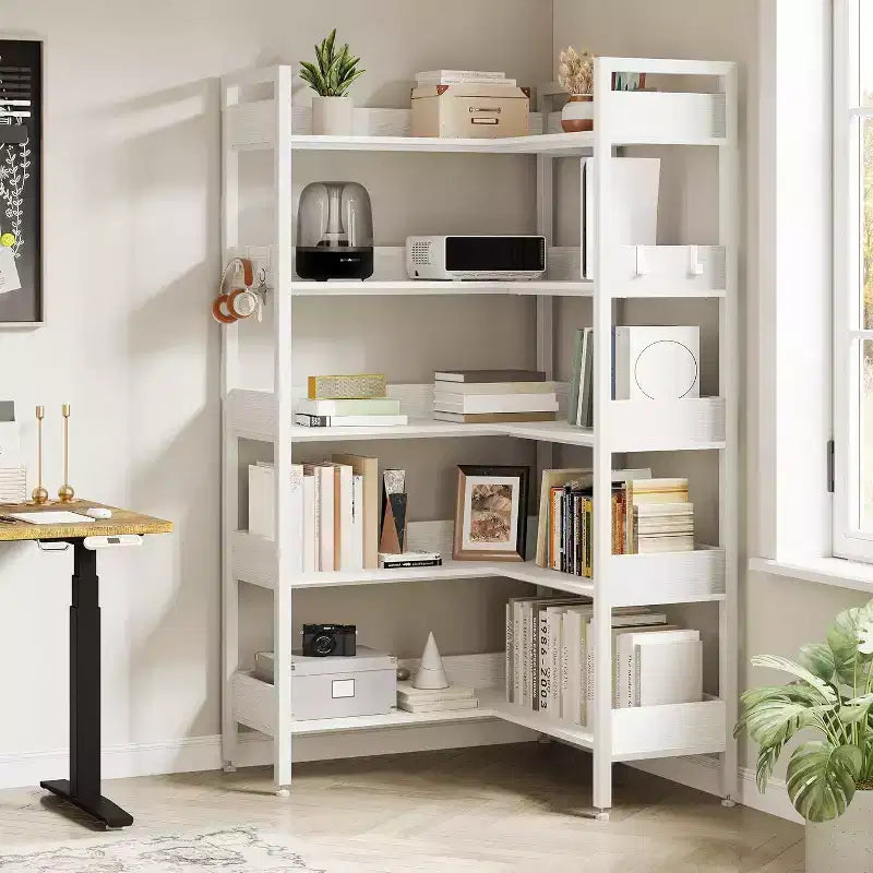 Étagère d'angle à 5 niveaux avec crochets, bibliothèque en bois avec étagères ouvertes et cadre métallique pour le bureau à domicile
