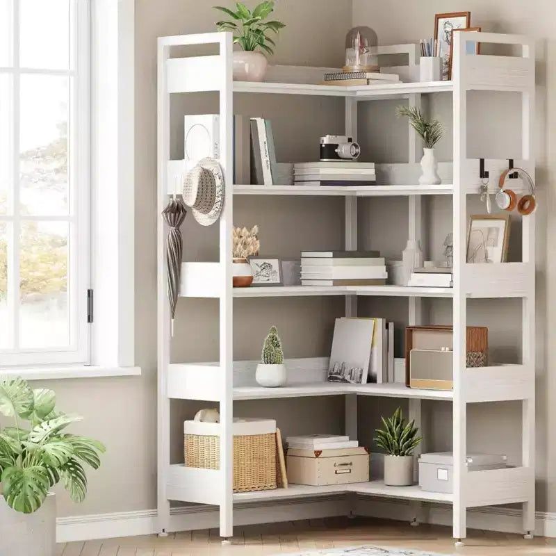 Étagère d'angle à 5 niveaux avec crochets, bibliothèque en bois avec étagères ouvertes et cadre métallique pour le bureau à domicile