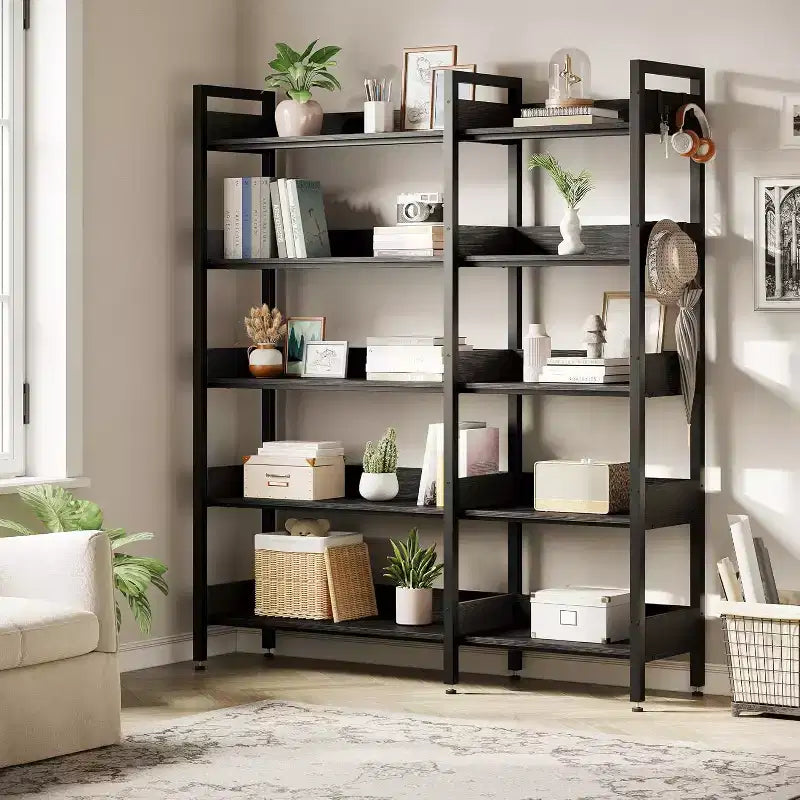 Étagère d'angle à 5 niveaux avec crochets, bibliothèque en bois avec étagères ouvertes et cadre métallique pour le bureau à domicile