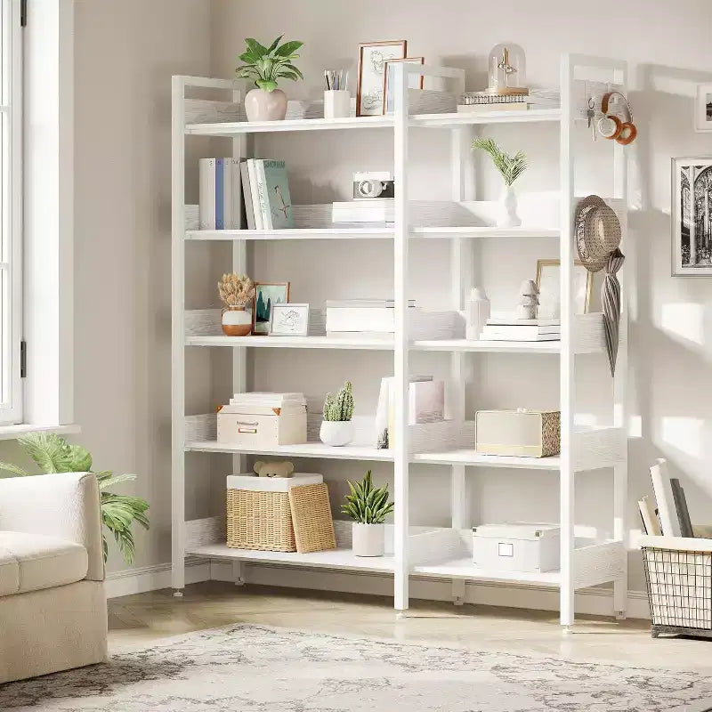 Étagère d'angle à 5 niveaux avec crochets, bibliothèque en bois avec étagères ouvertes et cadre métallique pour le bureau à domicile