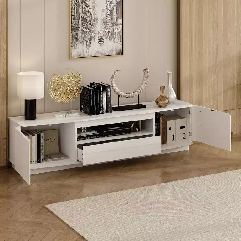 Meuble TV Blanc Brillant à Angles Arrondis - Meuble Console Multimédia Moderne pour Salon