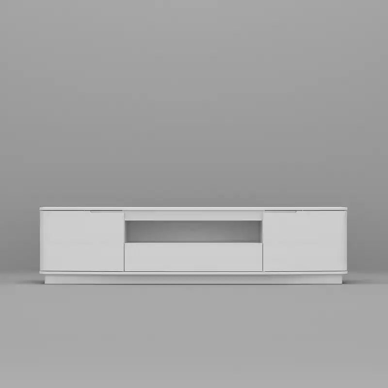 Meuble TV Blanc Brillant à Angles Arrondis - Meuble Console Multimédia Moderne pour Salon