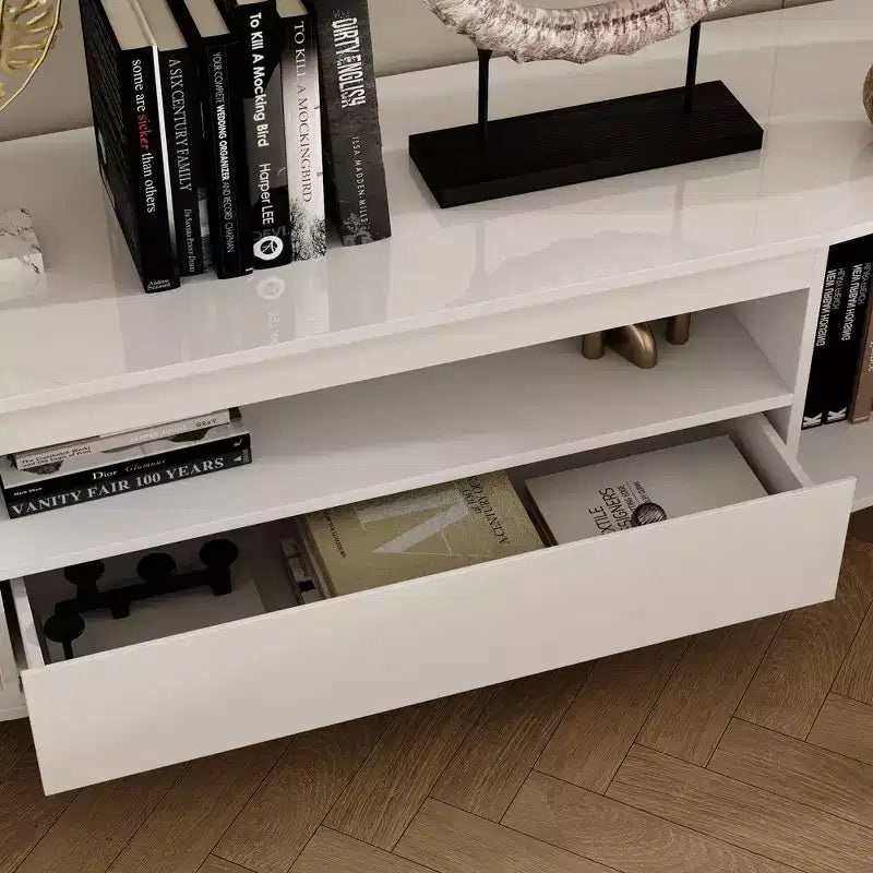 Meuble TV Blanc Brillant à Angles Arrondis - Meuble Console Multimédia Moderne pour Salon