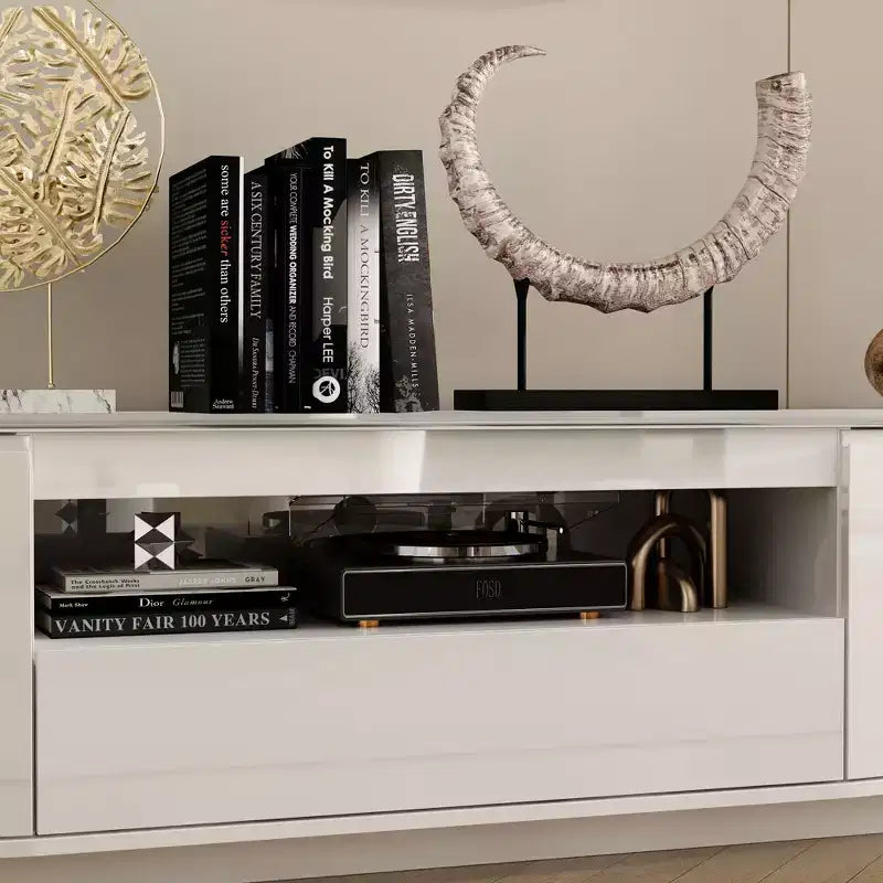 Meuble TV Blanc Brillant à Angles Arrondis - Meuble Console Multimédia Moderne pour Salon
