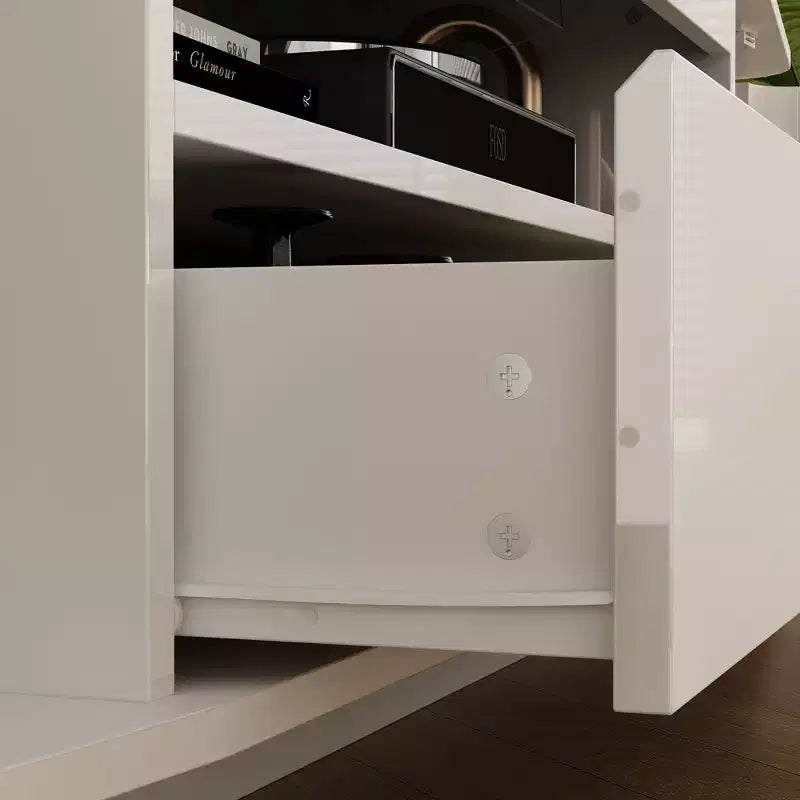 Meuble TV Blanc Brillant à Angles Arrondis - Meuble Console Multimédia Moderne pour Salon