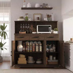 Meuble buffet de style rustique avec support pour micro-ondes, armoire de rangement avec portes coulissantes, tiroirs et étagères réglables, meuble bar à café en bois
