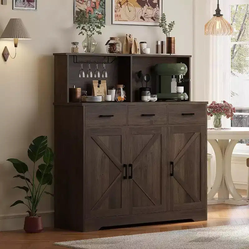 Meuble buffet de style rustique avec support pour micro-ondes, armoire de rangement avec portes coulissantes, tiroirs et étagères réglables, meuble bar à café en bois