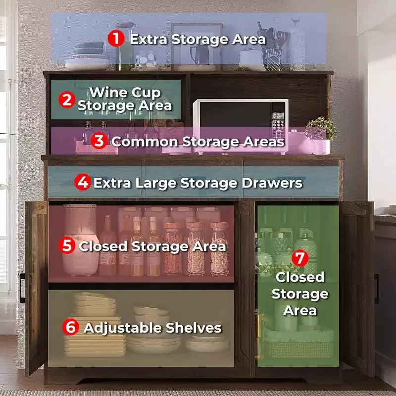 Meuble buffet de style rustique avec support pour micro-ondes, armoire de rangement avec portes coulissantes, tiroirs et étagères réglables, meuble bar à café en bois