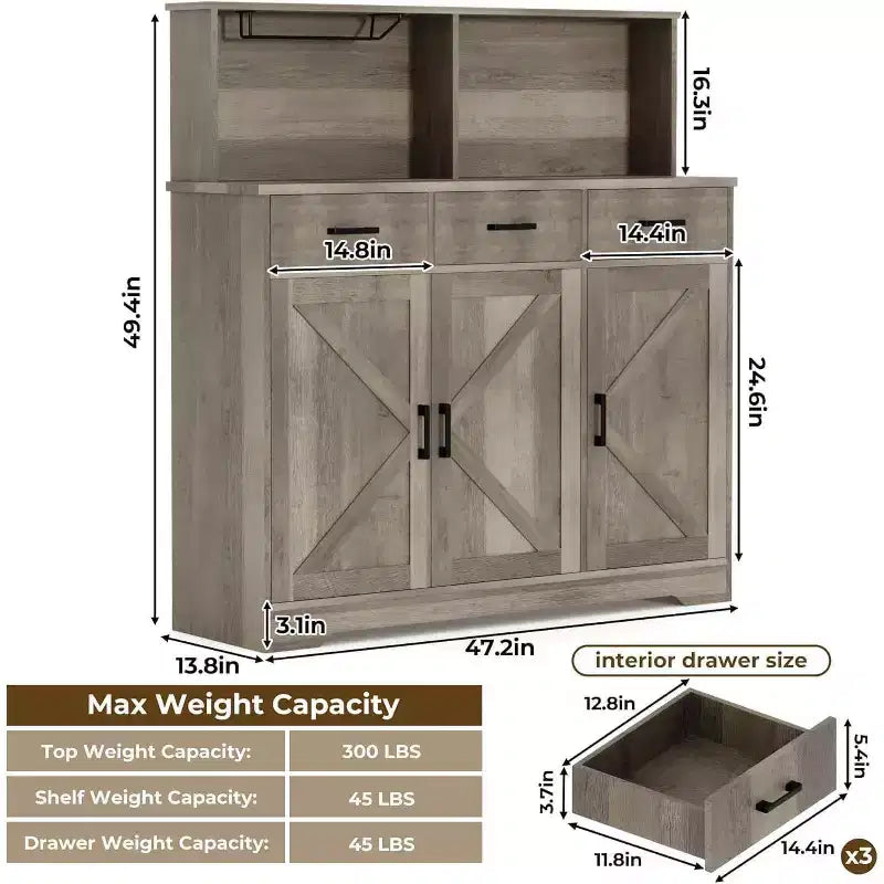 Meuble buffet de style rustique avec support pour micro-ondes, armoire de rangement avec portes coulissantes, tiroirs et étagères réglables, meuble bar à café en bois