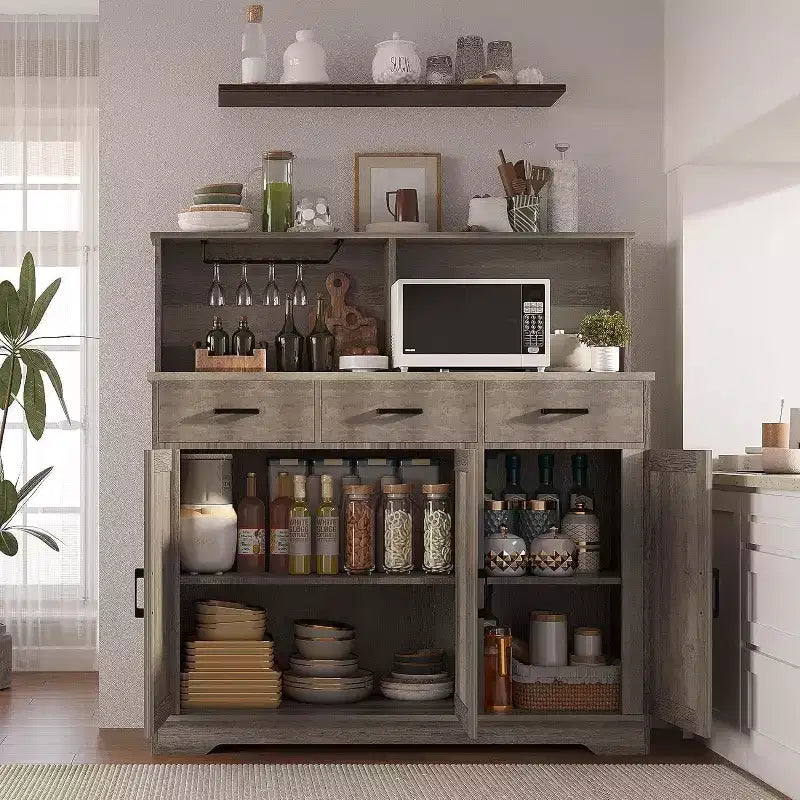 Meuble buffet de style rustique avec support pour micro-ondes, armoire de rangement avec portes coulissantes, tiroirs et étagères réglables, meuble bar à café en bois