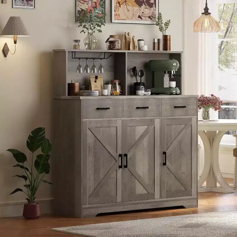 Meuble buffet de style rustique avec support pour micro-ondes, armoire de rangement avec portes coulissantes, tiroirs et étagères réglables, meuble bar à café en bois